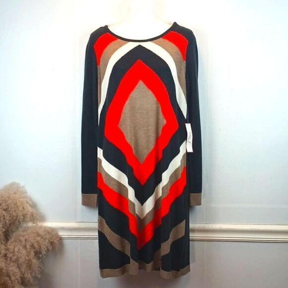 Eliza J long sleeve scoop neck  shift sweater dress with diamond pattern (large) - Picture 2 of 11